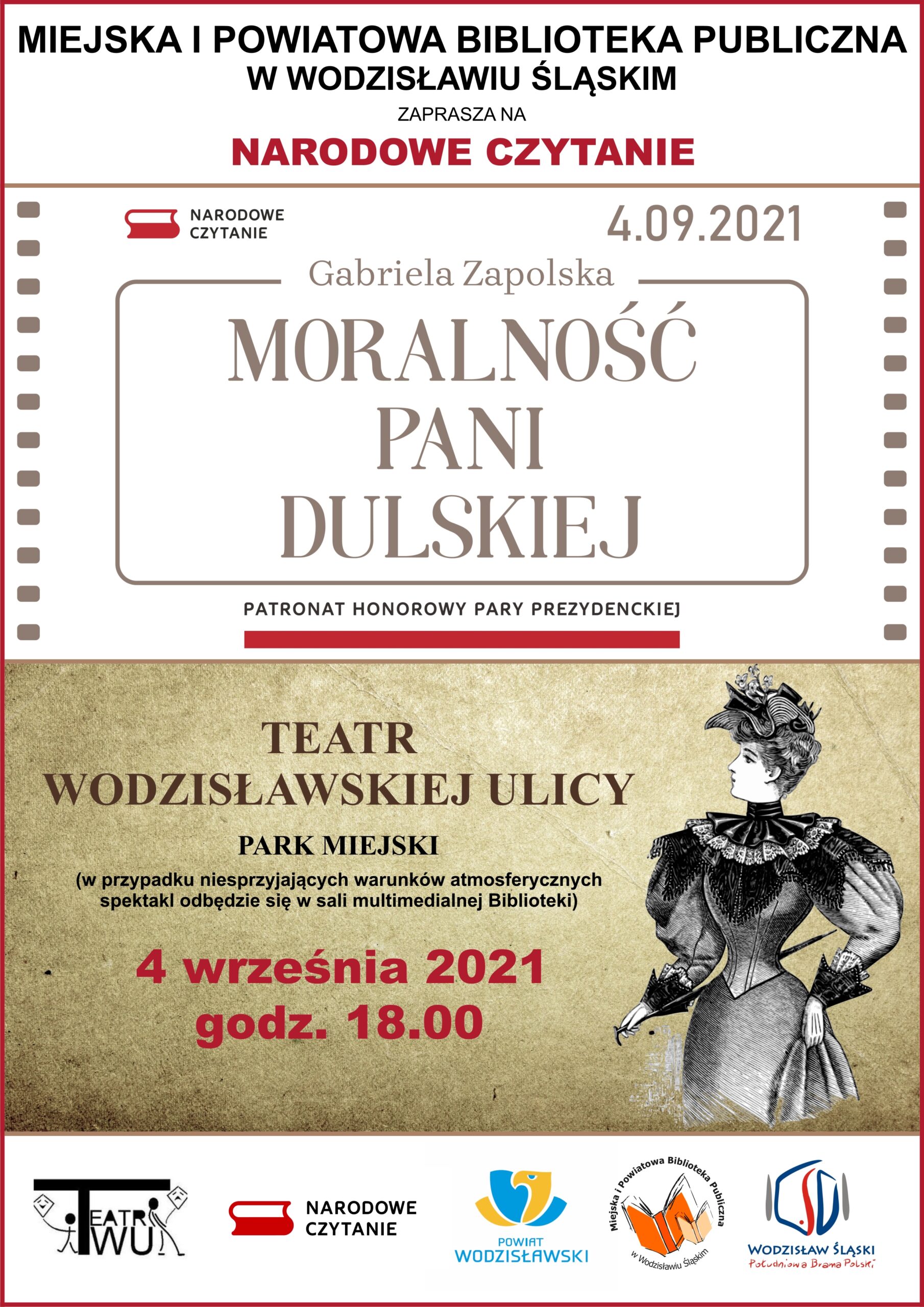 Narodowe Czytanie 2021 - Gabriela Zapolska "Moralność Pani Dulskiej" - Teatr Wodzisławskiej Ulicy, Park Miejski - 4 września 2021, godz. 18.00