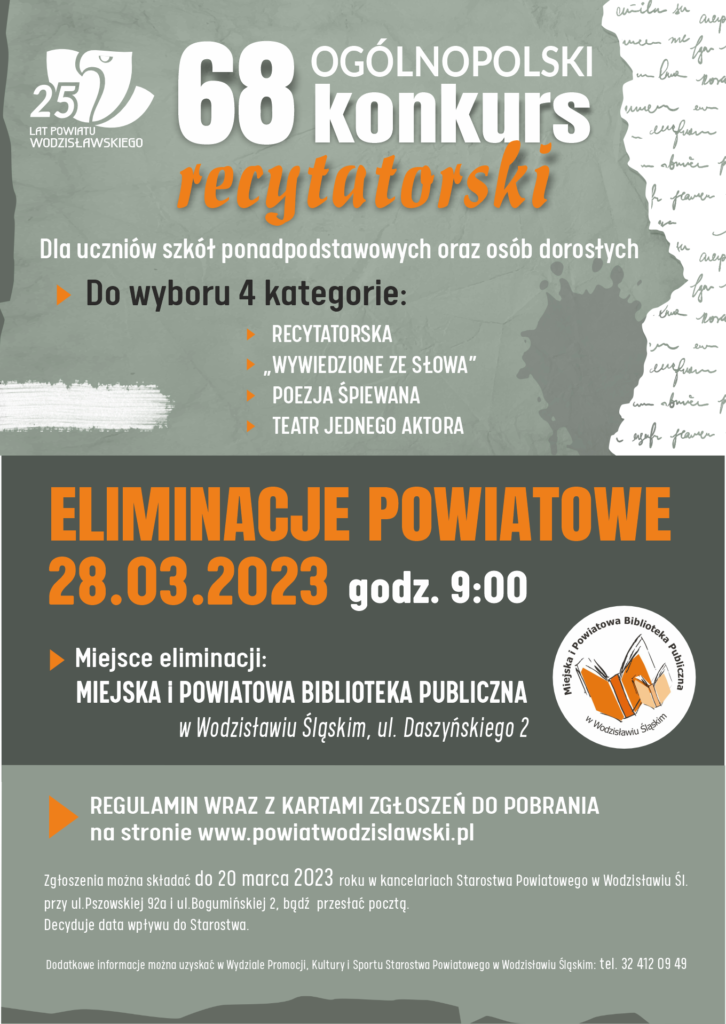 68 Ogólnopolski Konkurs Recytatorski - eliminacje powiatowe -plakat