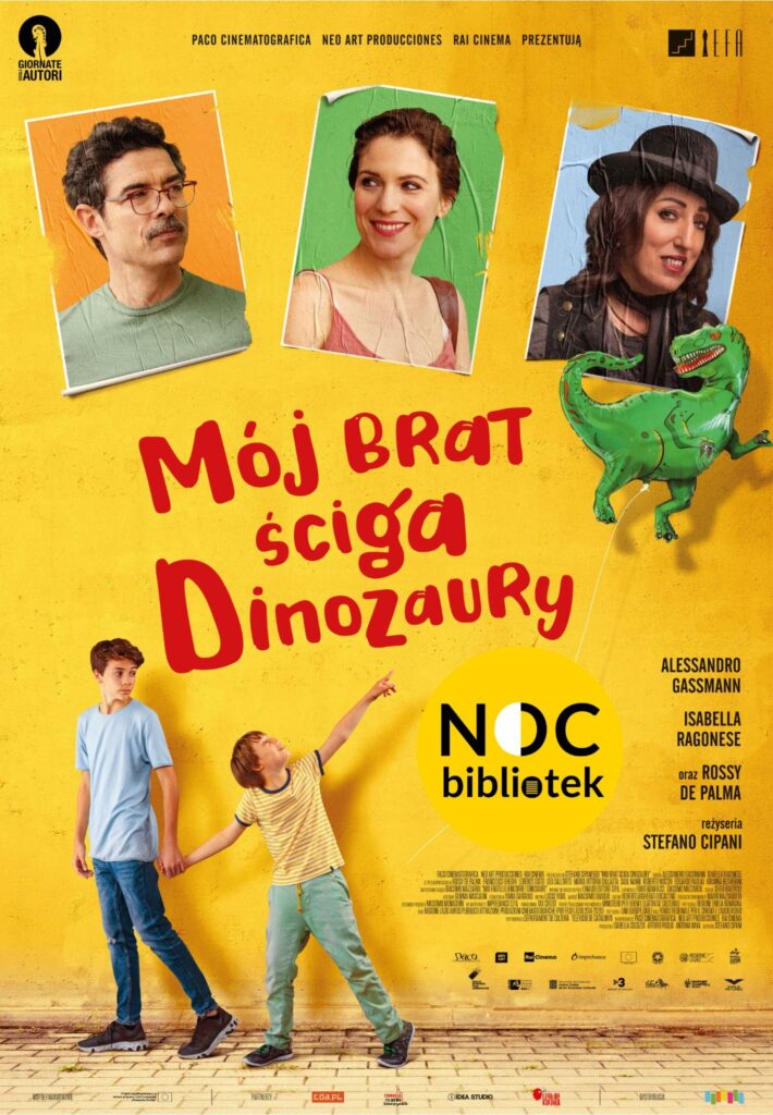 Noc Bibliotek 2024 - Film. Mój brat ściga dinozaury - plakat